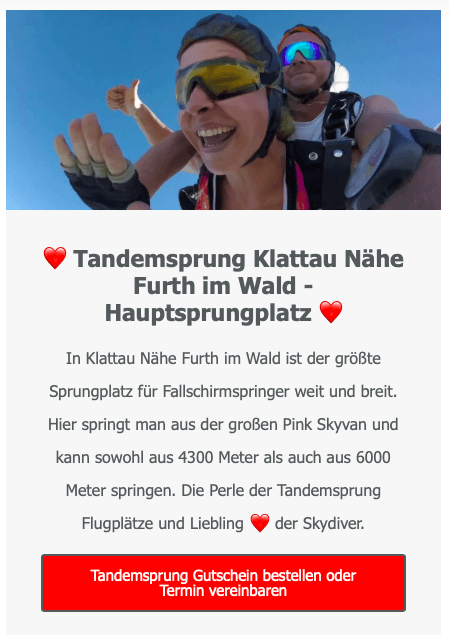 Tandemsprung Bayern Klattau Nähe Furth im Wald Fallschirmspringen Geschenk Gutschein